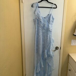 Baby blue floral asymmetrical midi dress. From lulus